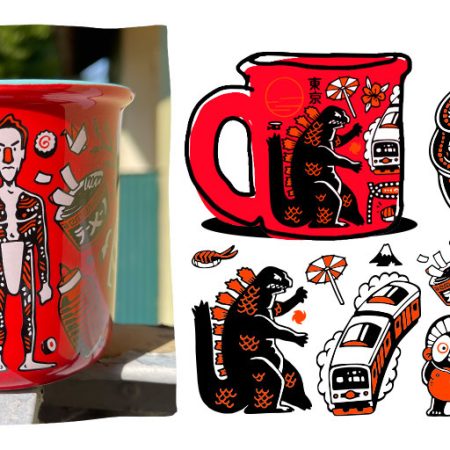 mug heldbergs games japanese style little tokyo sumo cats kaiju red κουπα καφε γιαπωνεζικο