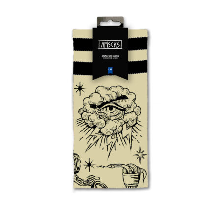 american socks mid high signature καλτσες. Καλτσες στους τονους του μπεζ και του μαυρου. η καλτσα εχει διαφορα συμβολα. Τα σχεδια ειναι εμνευσμενα απο την Metal και goth αισθητικη.