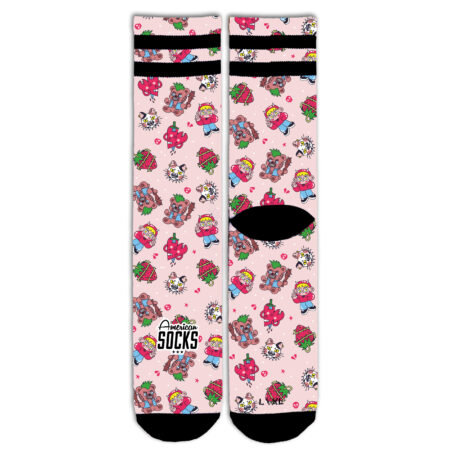 ροζ καλτσες american socks sweet madness με πολυχρωμα καρτουνιστικα γραφικα prints και μαυρες ριγες στο πανω μερος.