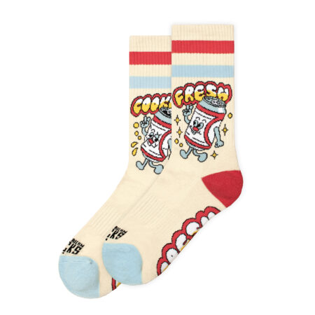 Ψηλές κάλτσες American Socks Fresh Cooked με σχέδιο ενα τενεκεδακι απο αναψυκτικο που περπαταει σε μπεζ χρώμα με δυο ριγες ροζ και γαλαζιο στο πανω μερος.