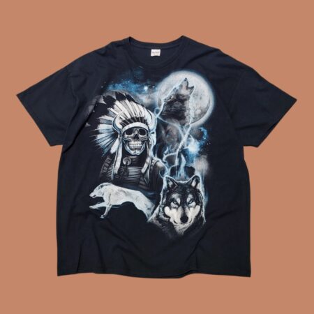 Vintage GILDAN WOLVES & NATIVE SKULL Graphic T-Shirt XXL
