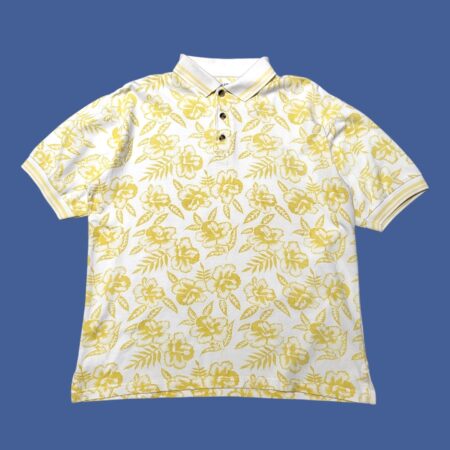 Vintage Blue Island Yellow Flowers Polo T-Shirt M-L