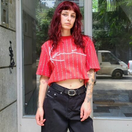 Vintage KARL KANI Red Signature Logo T-Shirt XS-S